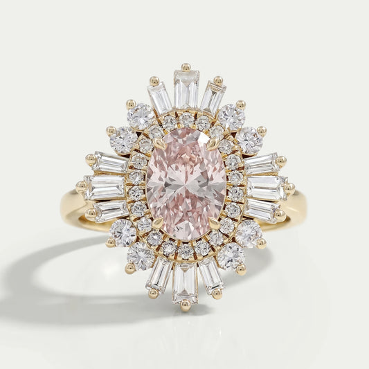 Fancy Vivid Pink Oval Cut Double Halo Sunbrust Ring Rings