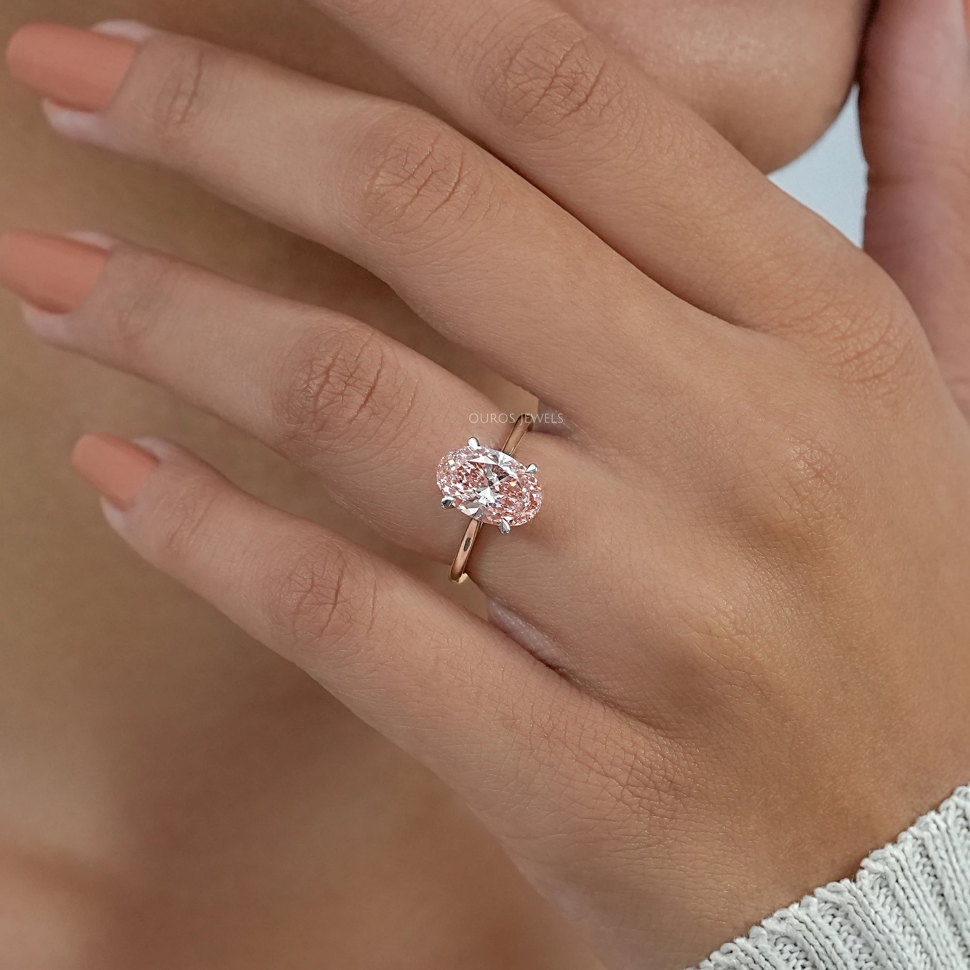 Fancy Vivid Pink Oval Lab Diamond Solitaire Ring Ring