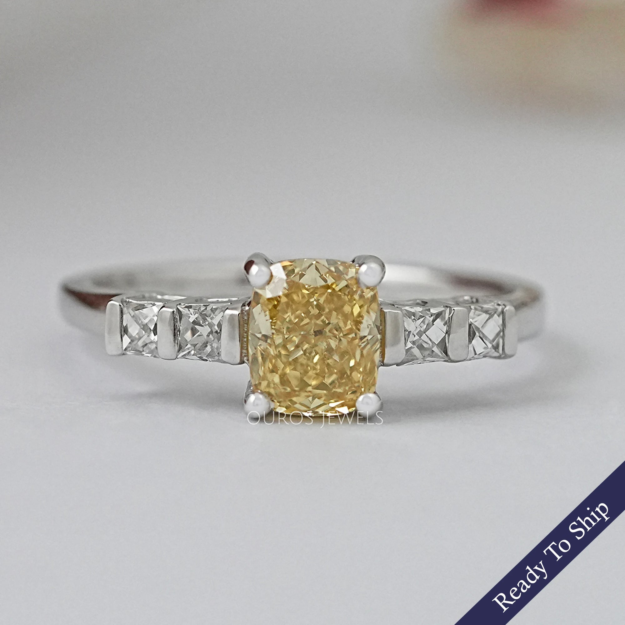 Yellow Cushion Lab Diamond Engagement Ring Rings