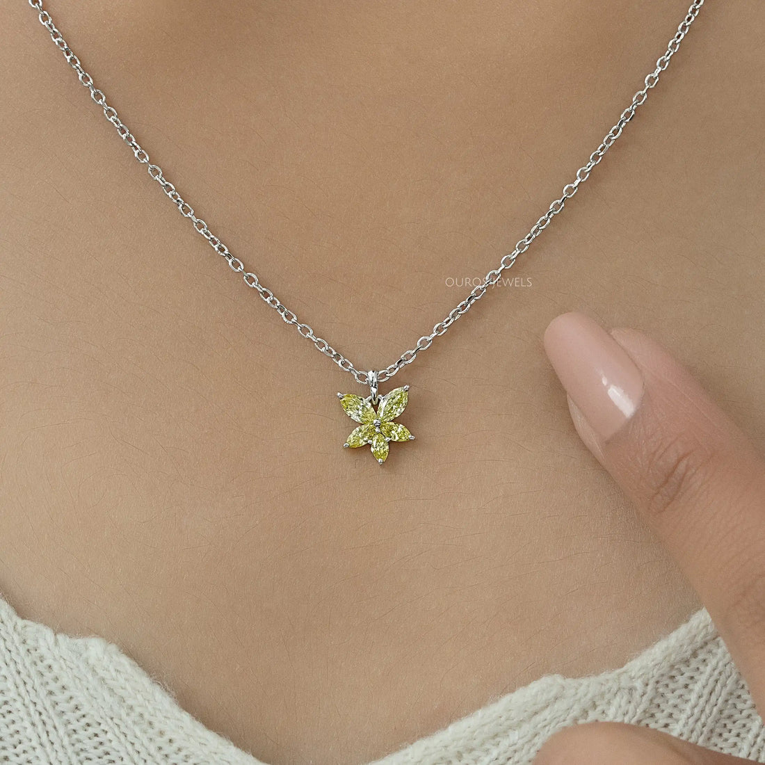 Yellow Marquise Cut Lab Grown Diamond Floral Style Pendant Necklaces