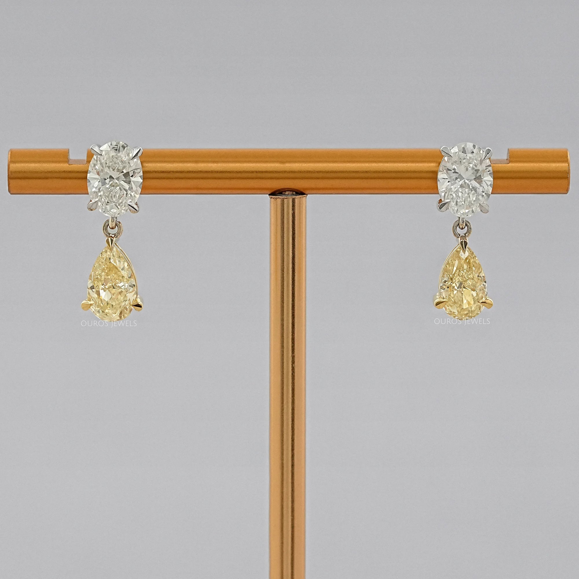 Fancy Yellow Pear And Oval Diamond Drop Earrings