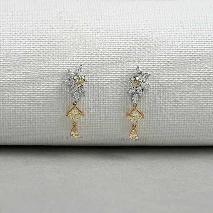 Yellow And White Diamond Floral Drop Earrings