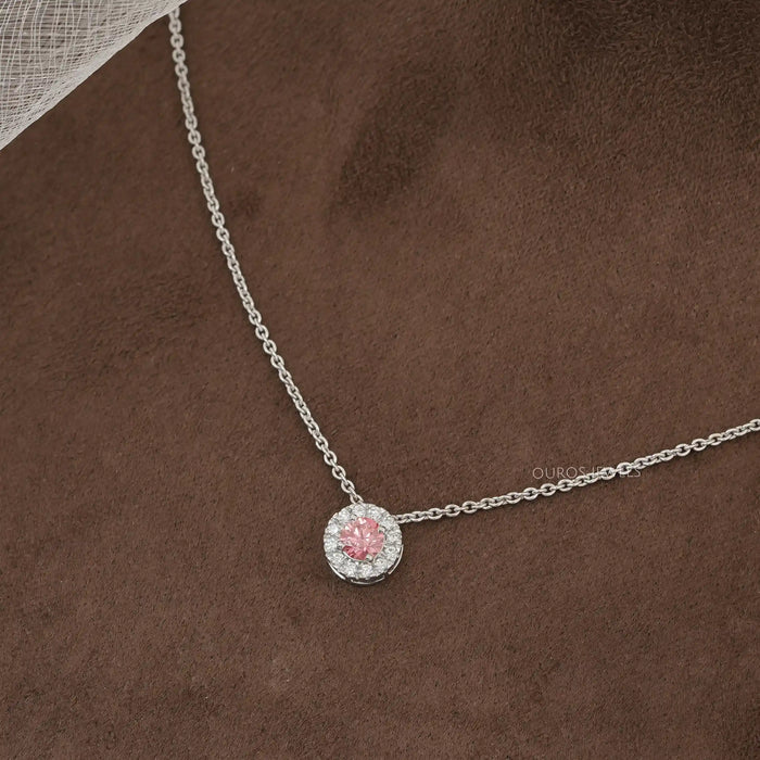 Pink Round Cut Diamond Halo Pendant  