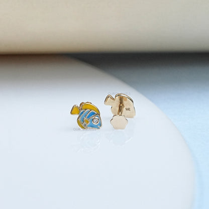 Round Cut Diamond Enamel Fish Earrings For Kids