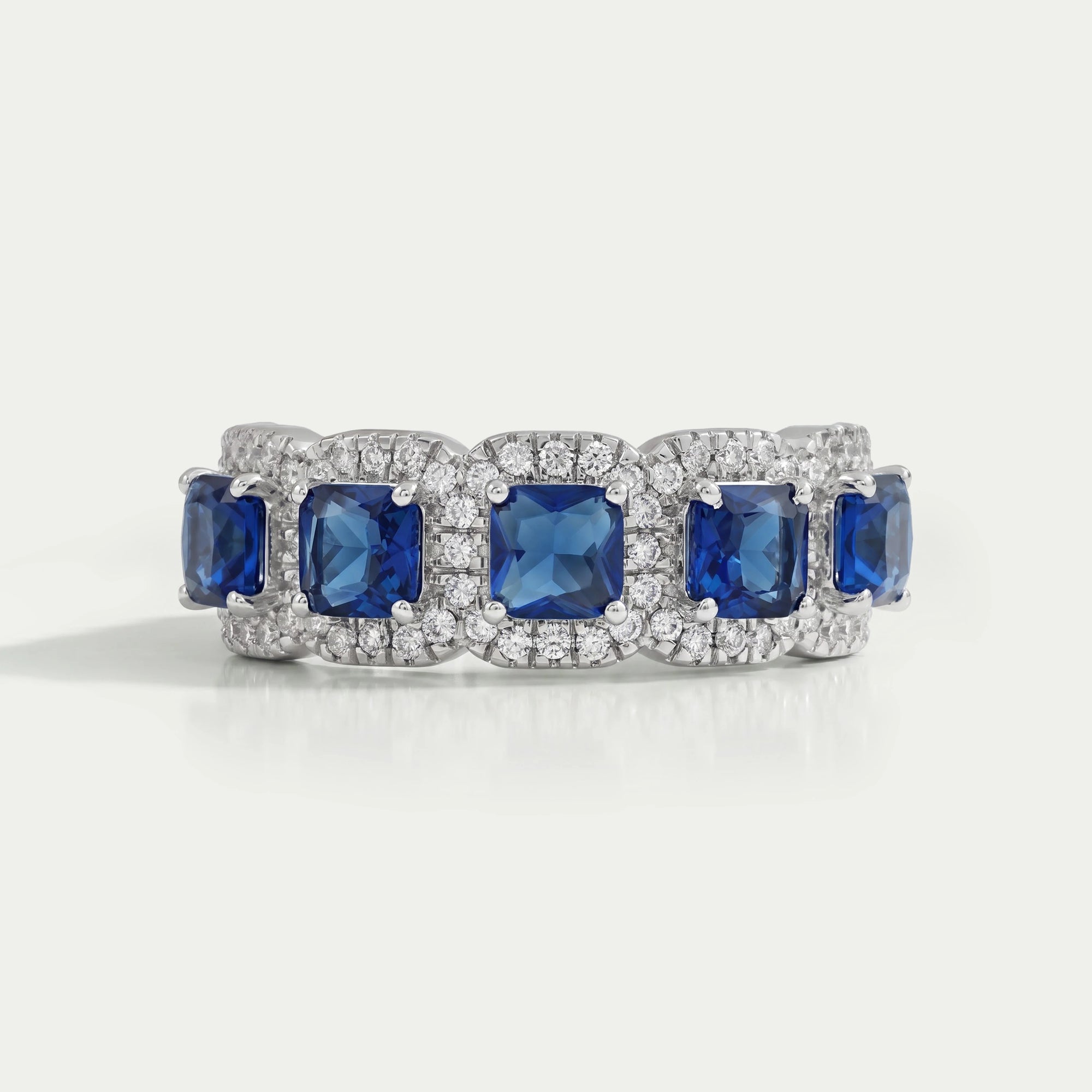 Five Stone Blue Asscher Cut Gemstone Halo Diamond Ring