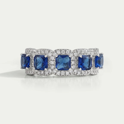 Five Stone Blue Asscher Cut Gemstone Halo Diamond Ring