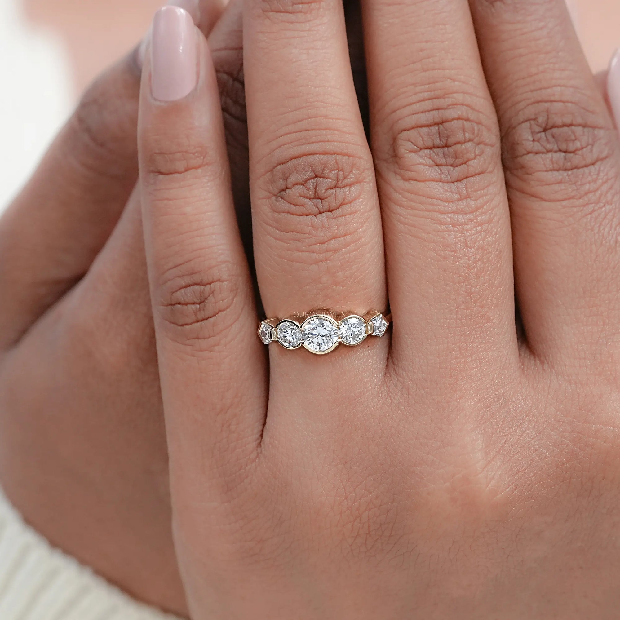 Five Stone Round And Pentagon Diamond Bezel Set Ring