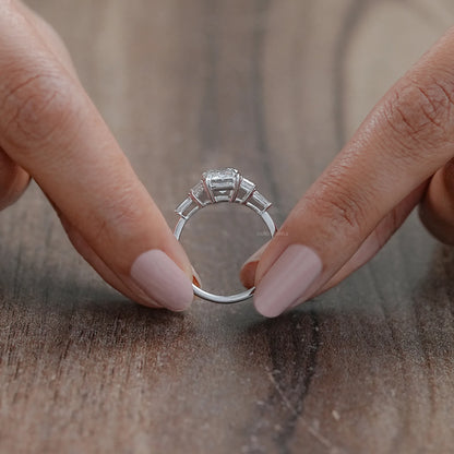 Emerald And Trapezoid Lab Diamond Five Stone Engagement Ring Rings