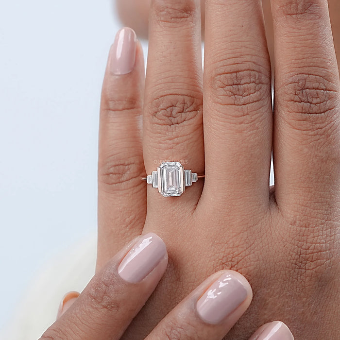 Emerald Half Bezel Set Baguette Diamond Engagement Ring 