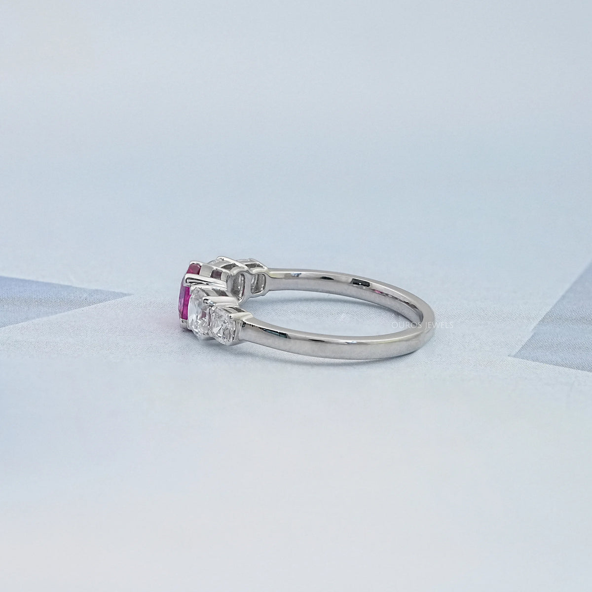 Five Stone Pink Square Cushion Cut Engagement Ring