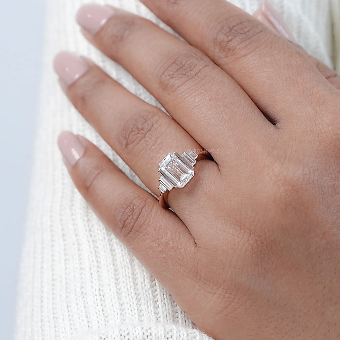 Emerald Half Bezel Set Baguette Diamond Engagement Ring 