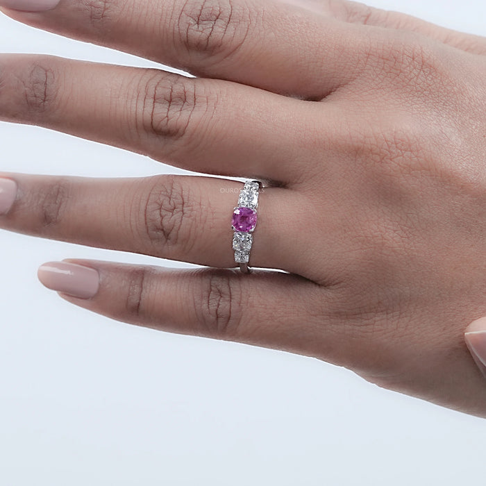 Five Stone Pink Square Cushion Cut Engagement Ring
