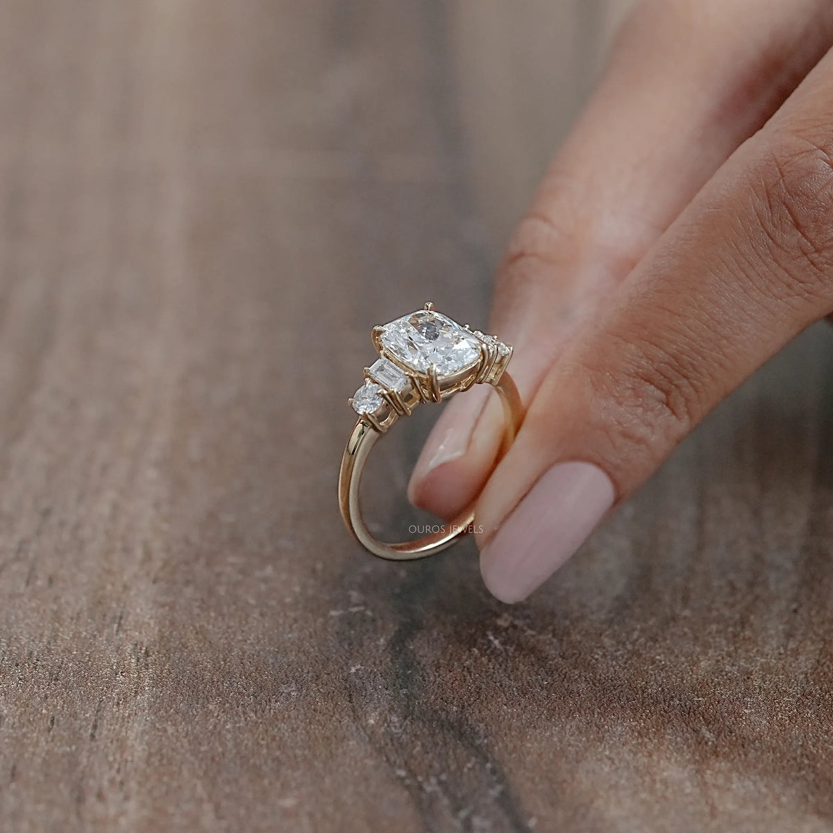 Elongated Cushion And Baguette Diamond Five Stone Engagement Ring Rings