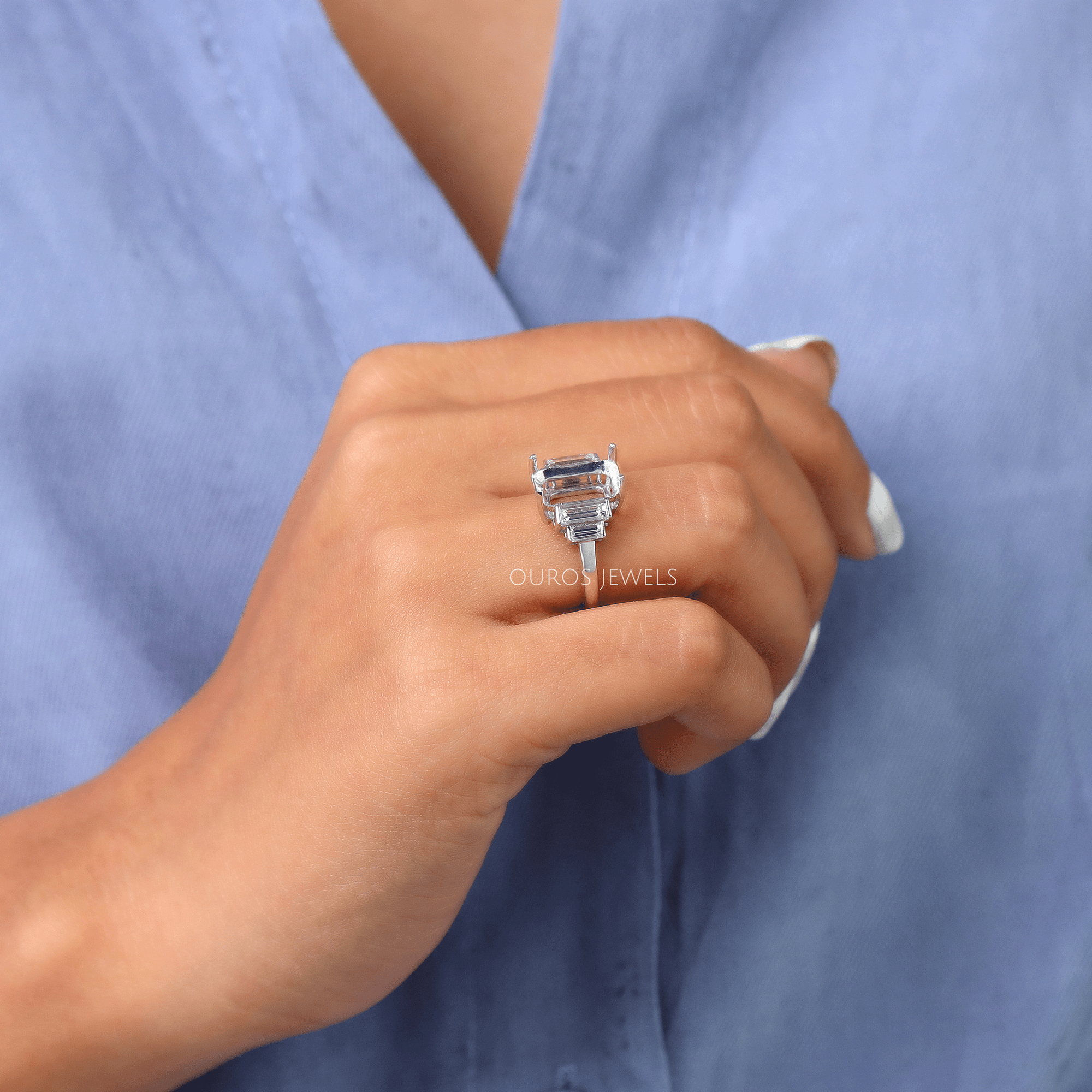 Five Stone Emerald Cut Semi Mount Wedding Ring
