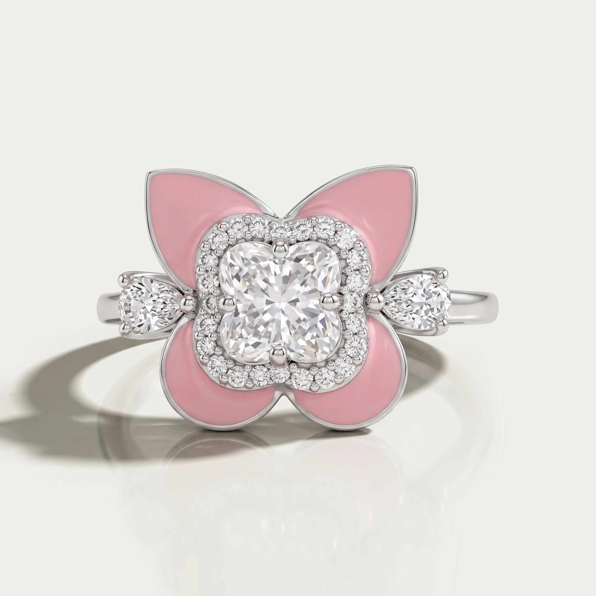 Floral Diamond With Pink Enamel Ring