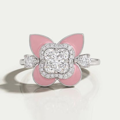 Floral Diamond With Pink Enamel Ring