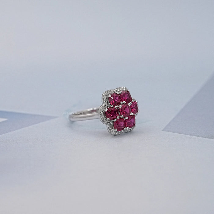 Red Ruby Cushion & Diamond Flower Halo Ring