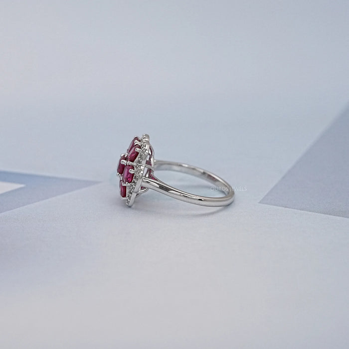 Red Ruby Cushion & Diamond Flower Halo Ring