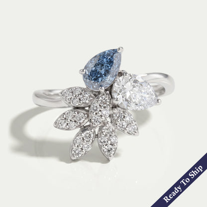 Flower Shape Blue Pear And Round Cut Cluster Diamond Ring Ring