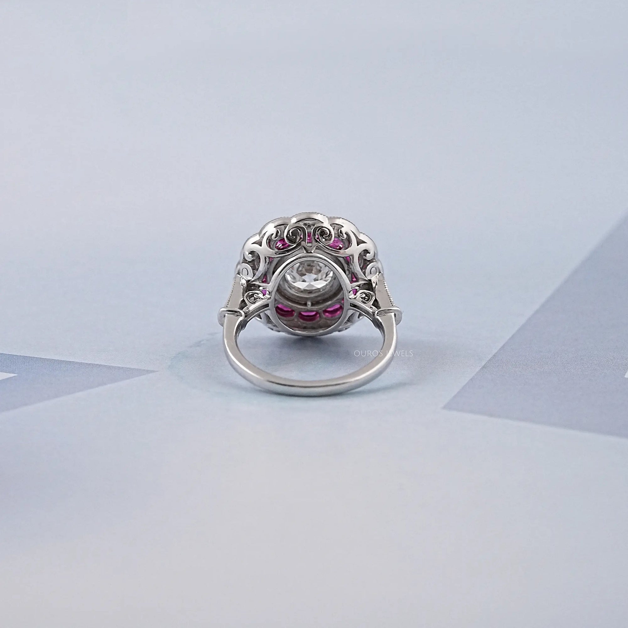 Old European Round Cut & Pink Halo Half Moon Gemstone Ring Rings