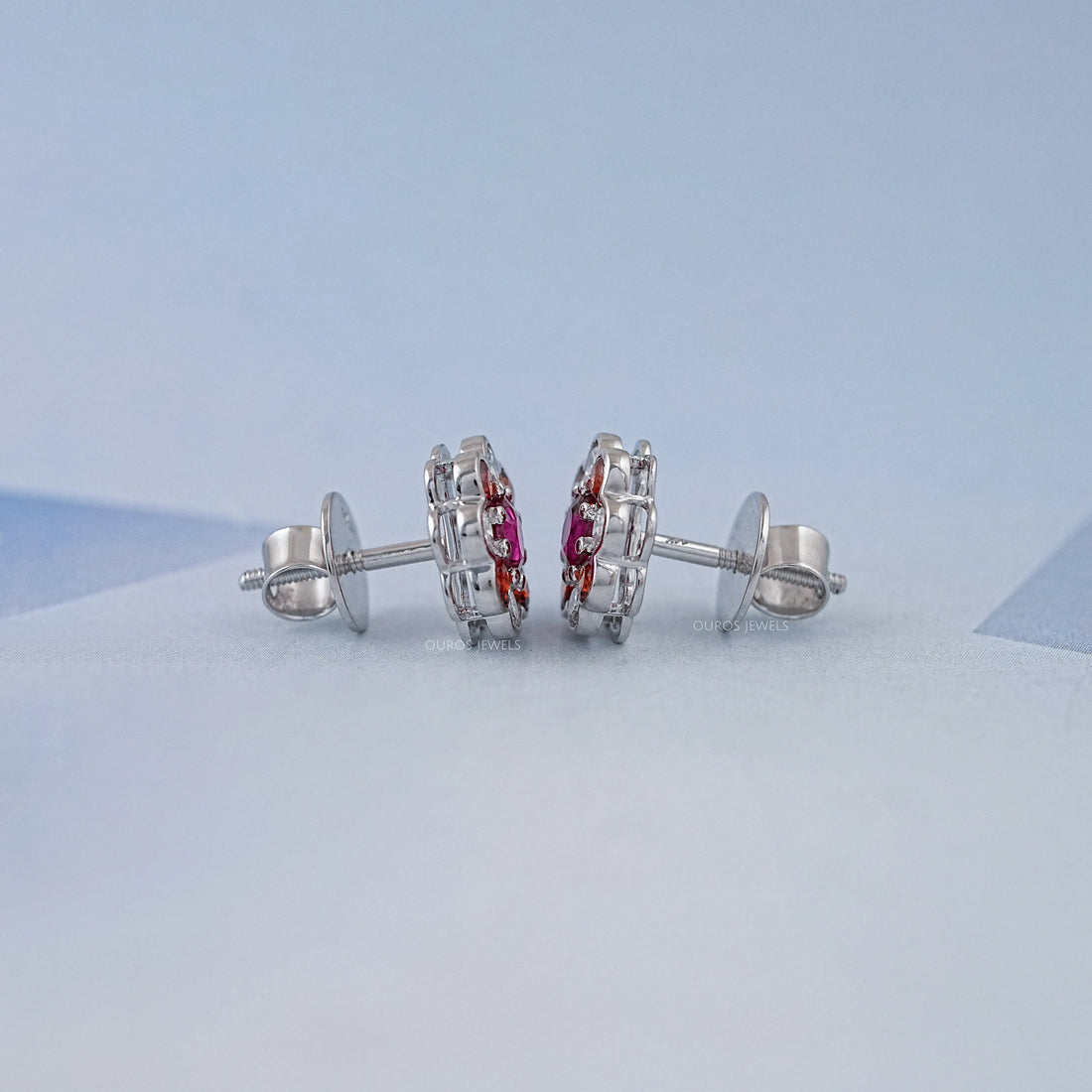 Ruby Round And Lab Diamond Bezel Set Floral Stud Earrings