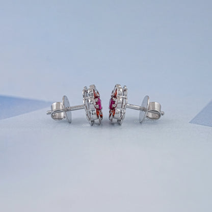 Ruby Round And Lab Diamond Bezel Set Floral Stud Earrings