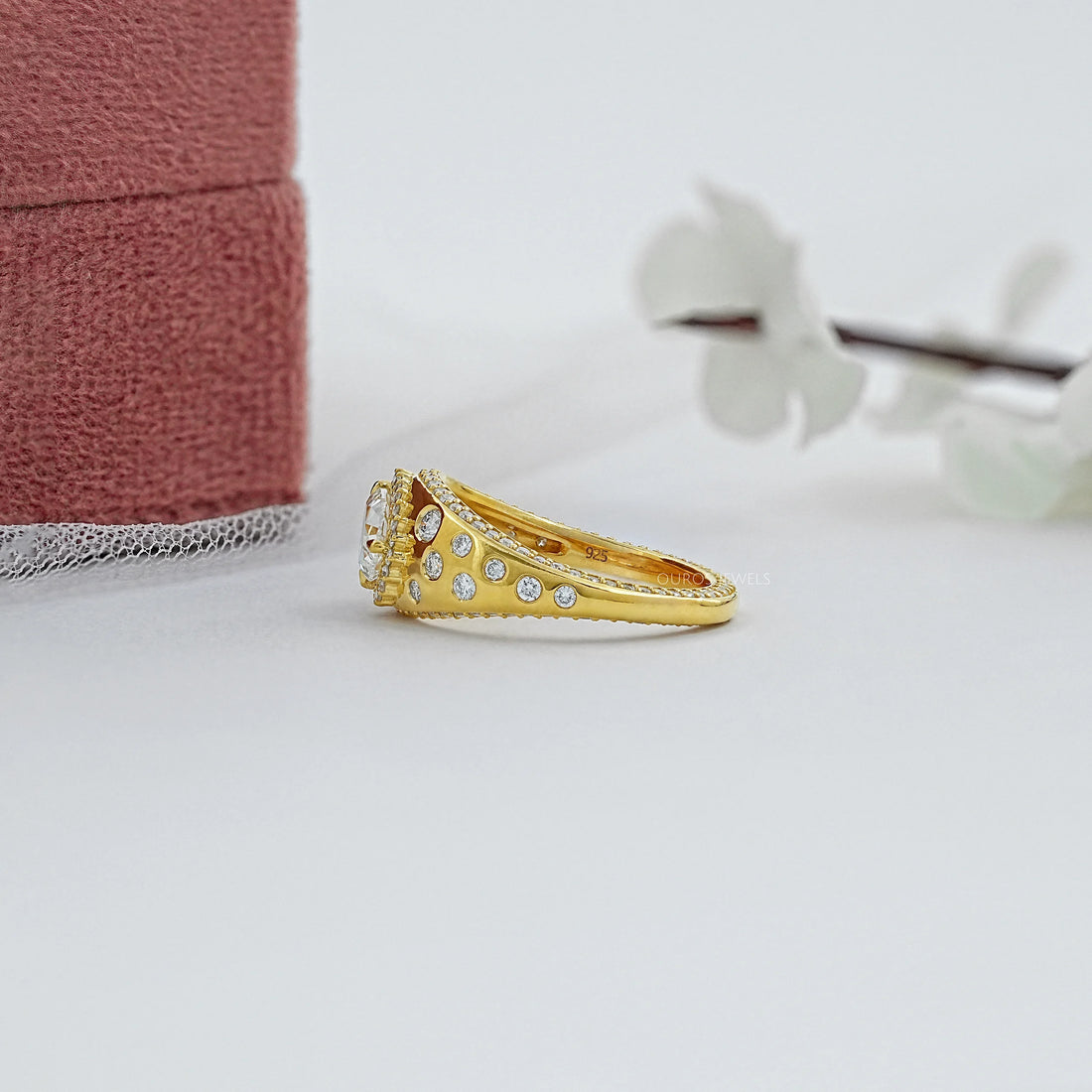 Old Mine Pear Diamond Halo Wide Flush Set Ring Ring