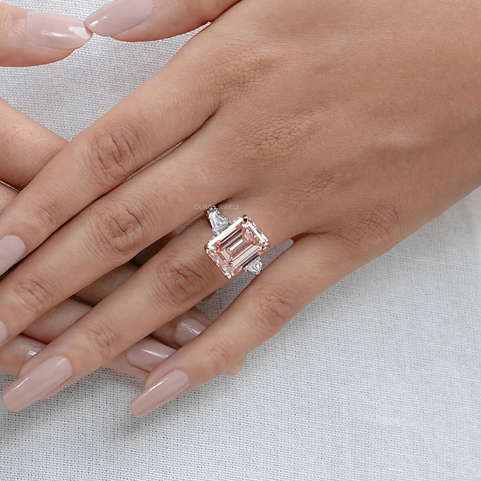 Pink Emerald Lab Diamond Three Stone Hidden Halo Ring  