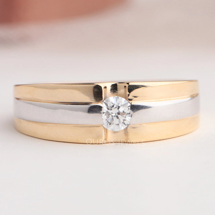 front view of round cut diamond solitaire two-tone men's engagement ring