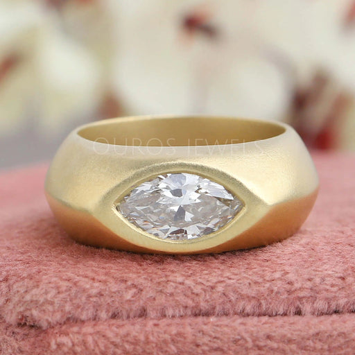 front view of marquise lab grown diamond matte finish yellow gold mens wedding band