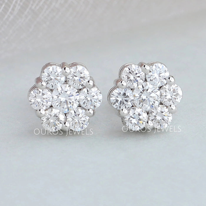 front view of floral round cut halo diamond stud earrings white gold