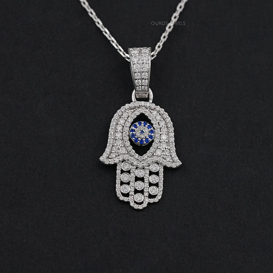 Sapphire And Lab Diamond Round Cut Hamsa Hand Men's Pendant Necklaces