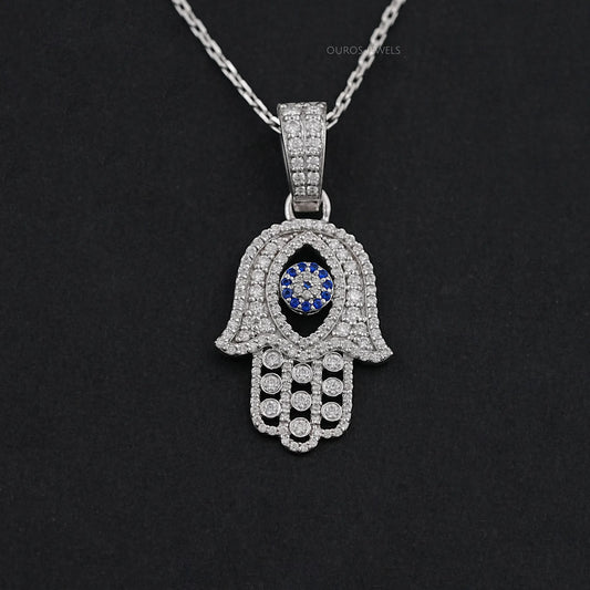 Sapphire And Lab Diamond Round Cut Hamsa Hand Men's Pendant Necklaces