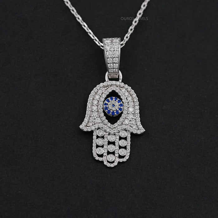 Sapphire And Diamond Round Cut Hamsa Men's Pendant 