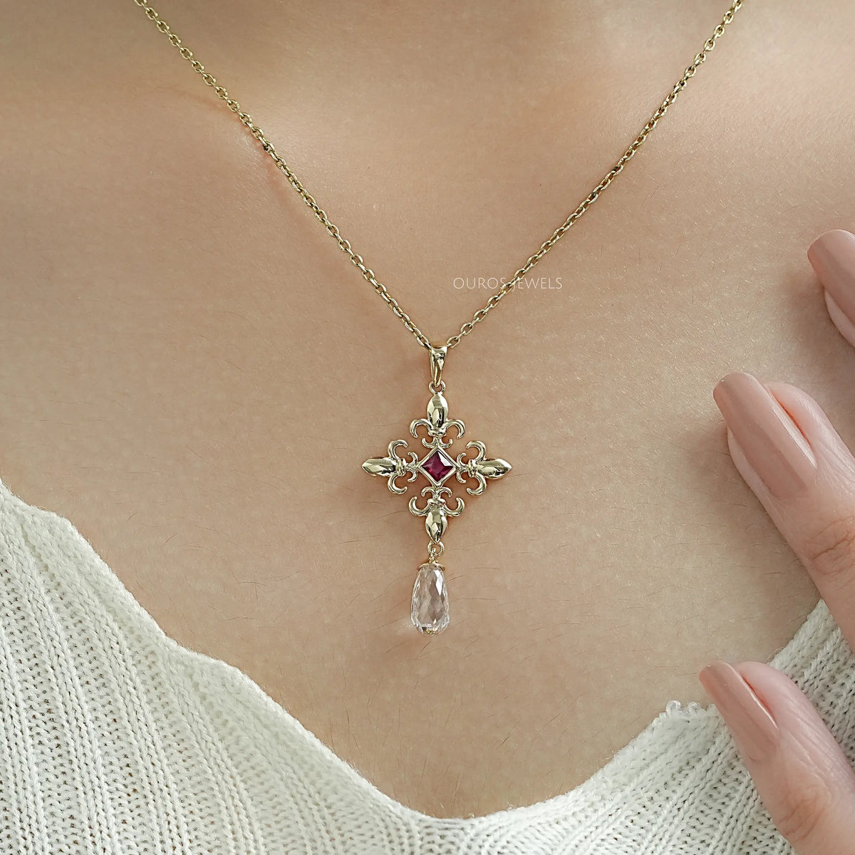 Princess Ruby Gemstone Fleur De Lis Pendant Necklaces