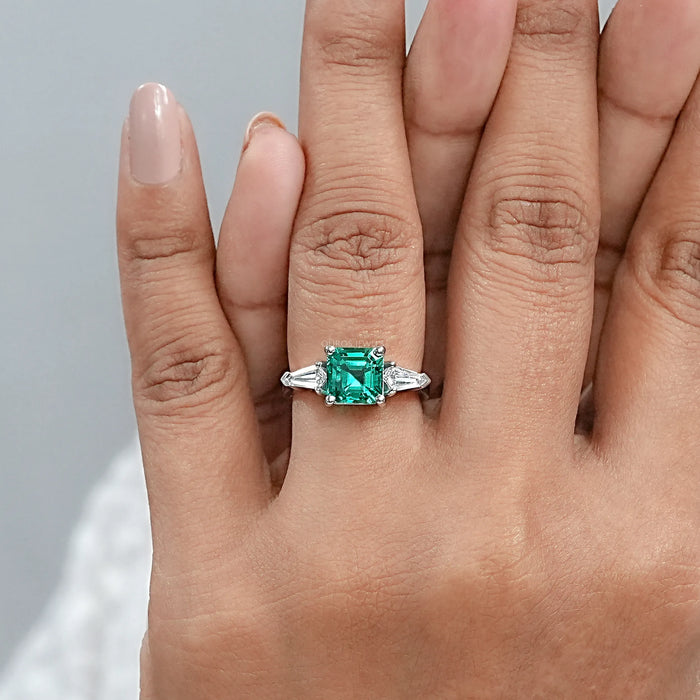 Three Stone Asscher Cut Emerald Engagement Ring