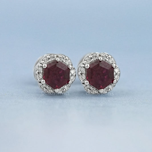 Hexagon Cut Red Ruby Gemstone Halo Stud Earrings Earring