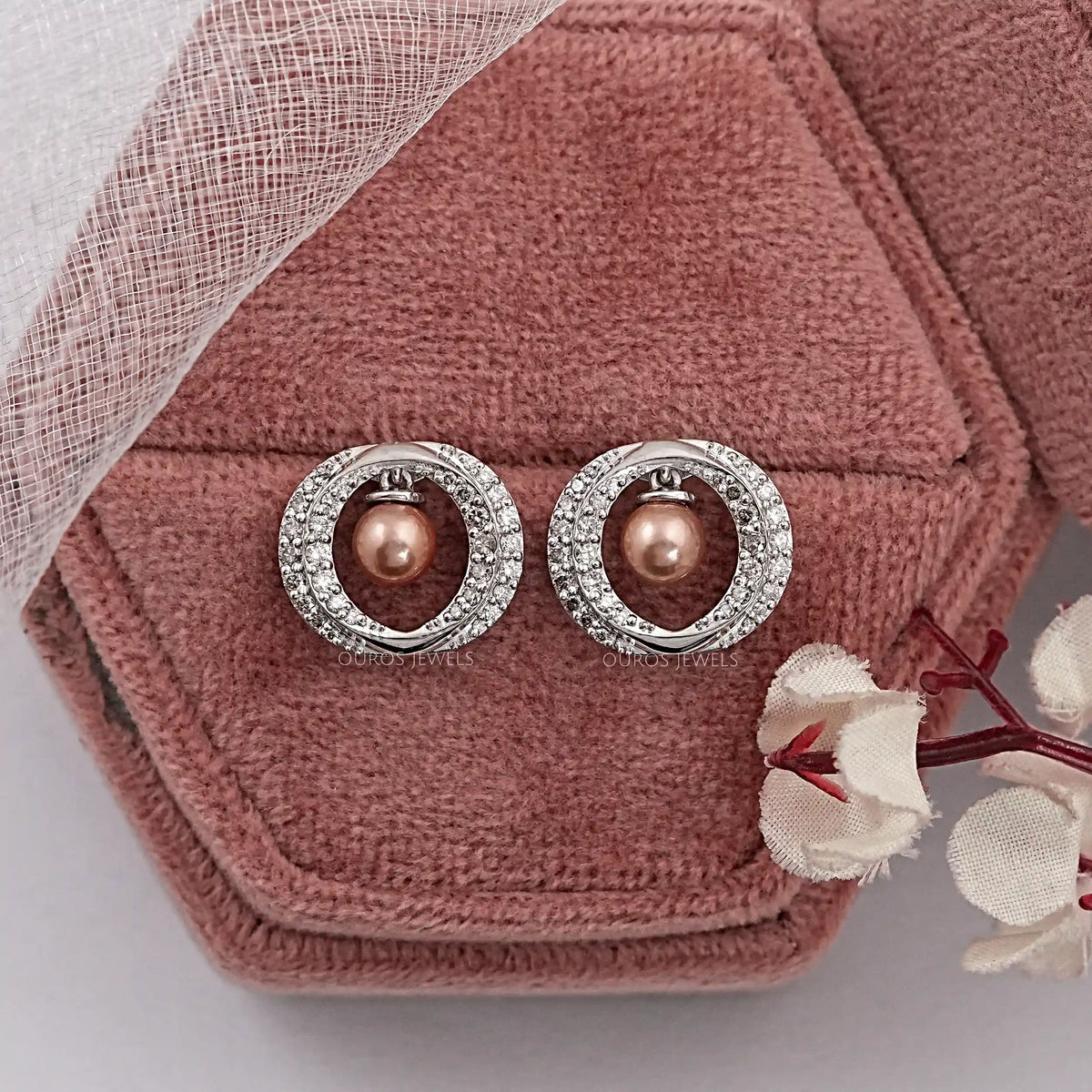 Round Diamond Halo Pearl Earrings