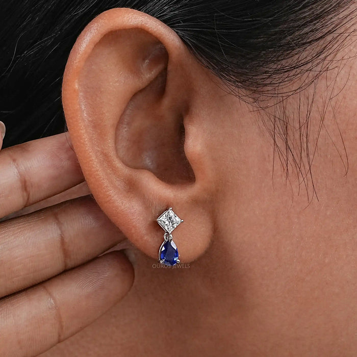 Pear Sapphire and Princess Cut Diamond Earrings