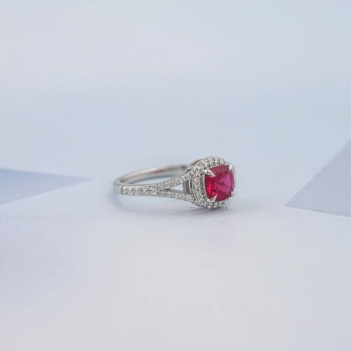 Cushion Cut Red Ruby Split Shank Halo Engagement Ring