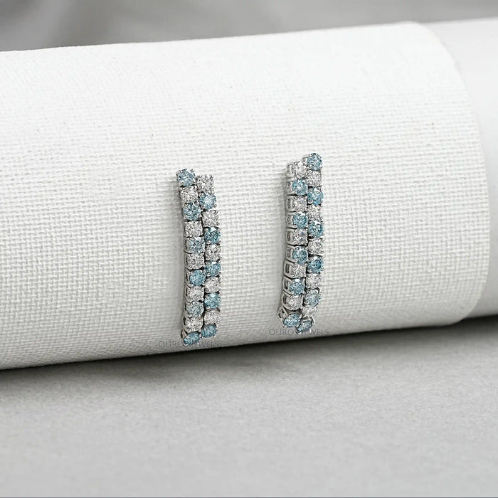 Blue Round Cut Lab Diamond  Double  Row Earrings