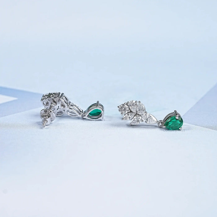 Emerald  With Diamond  Cluster  Pear Drop Earrings