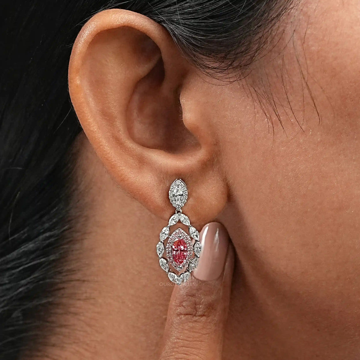 Fancy Pink Marquise Shape Double Halo Earrings Earrings