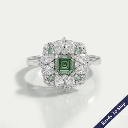 Green Asscher Lab Diamond Cluster Engagement Ring