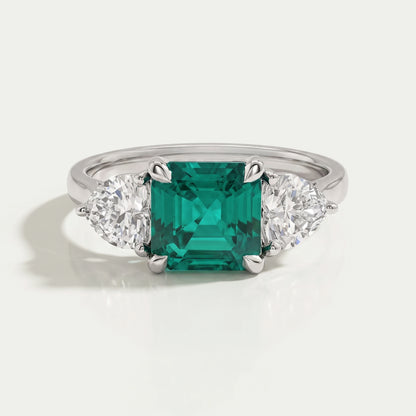 Green Asscher Gemstone Three Stone Engagement Ring Rings