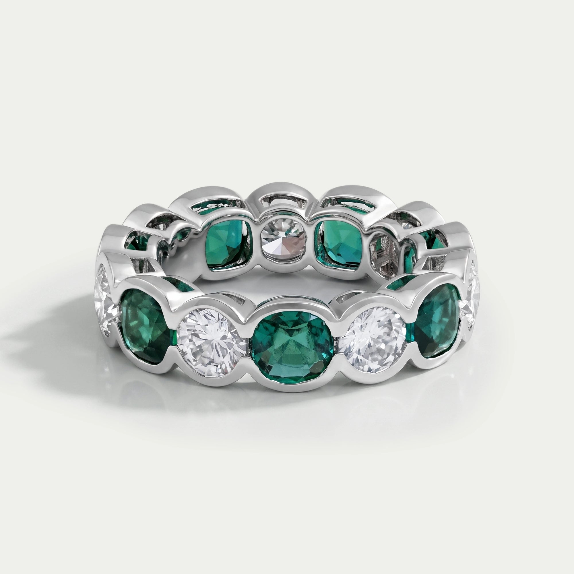 Green Zambian Cushion Half Bezel Wedding Band