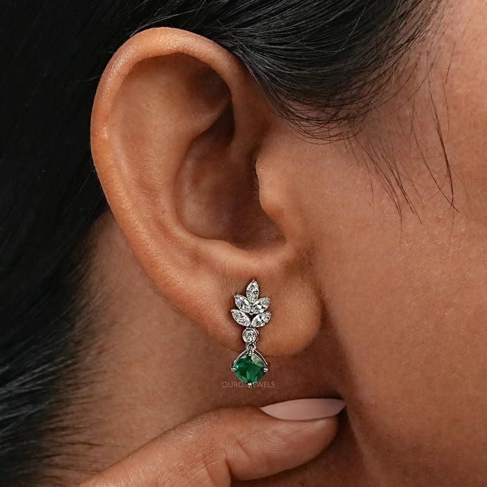 Green Gemstone Cushion And  Marquise  Drop  Earrings