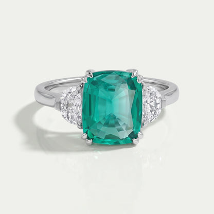 Green Cushion And Half Moon Trio Engagement Ring
