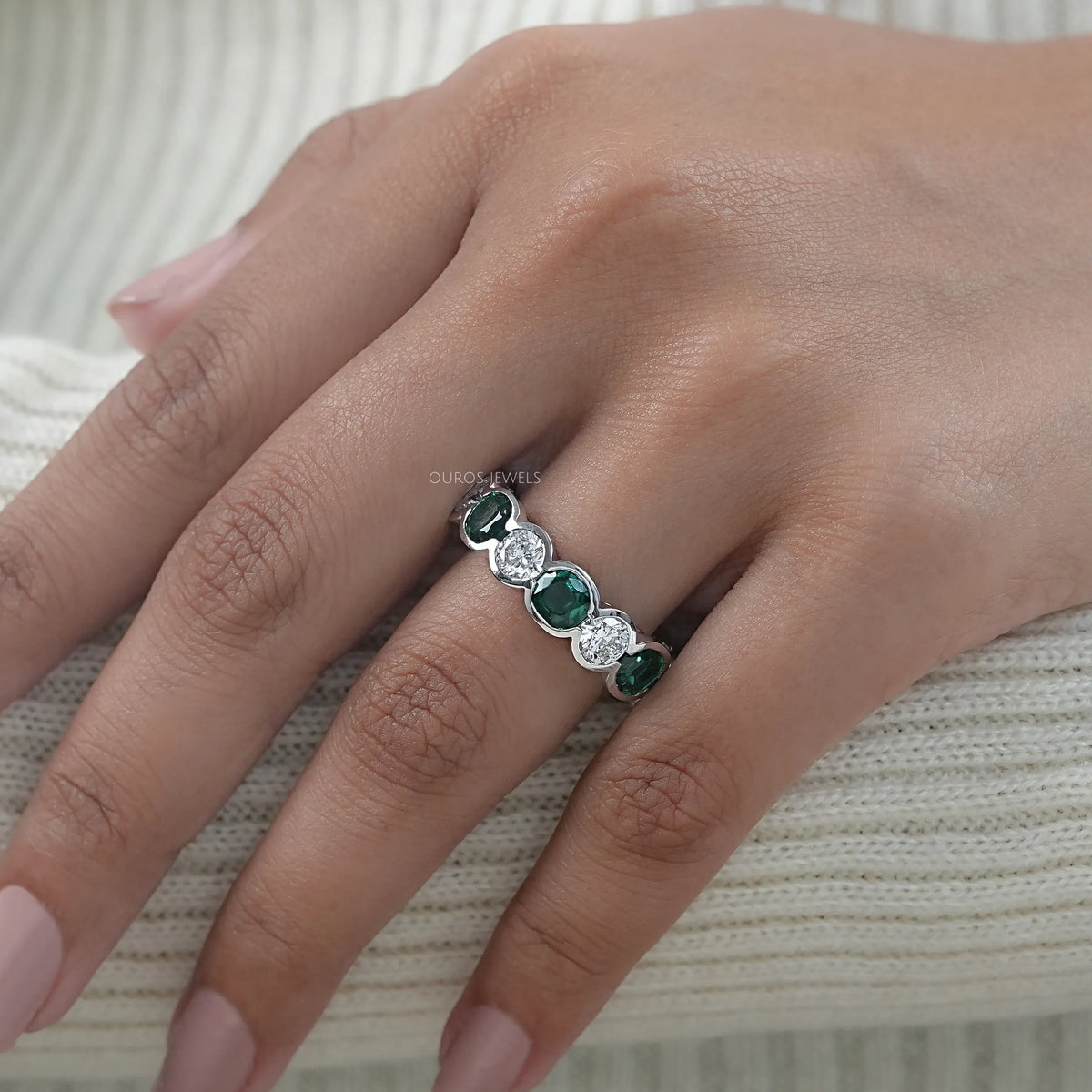 Green Zambian Cushion Half Bezel Wedding Band Ring