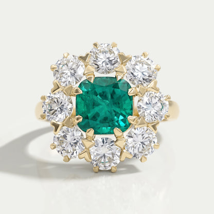 Emerald Square Cushion Round Halo Floral Engagement Ring 